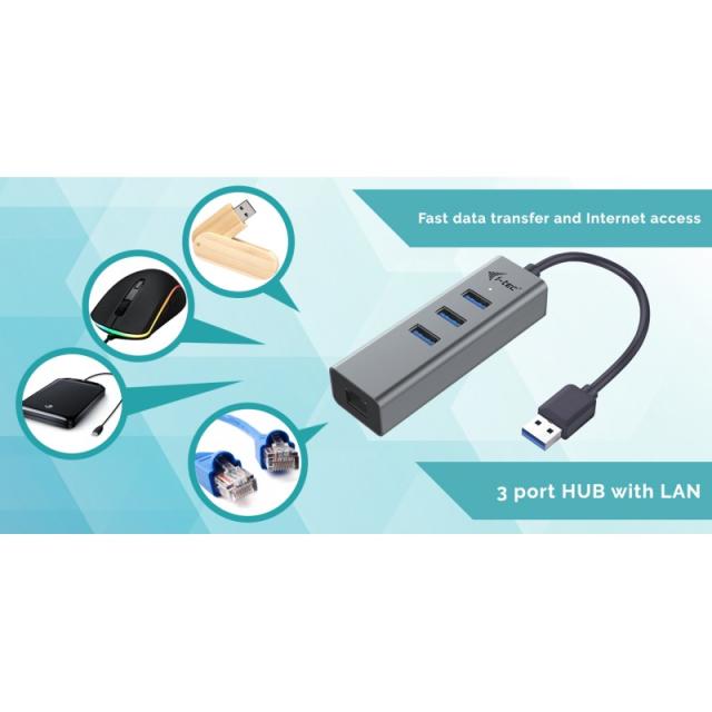 i-tec - Metal USB 3.0 HUB 3 Port + Gigabit Ethernet Adapter