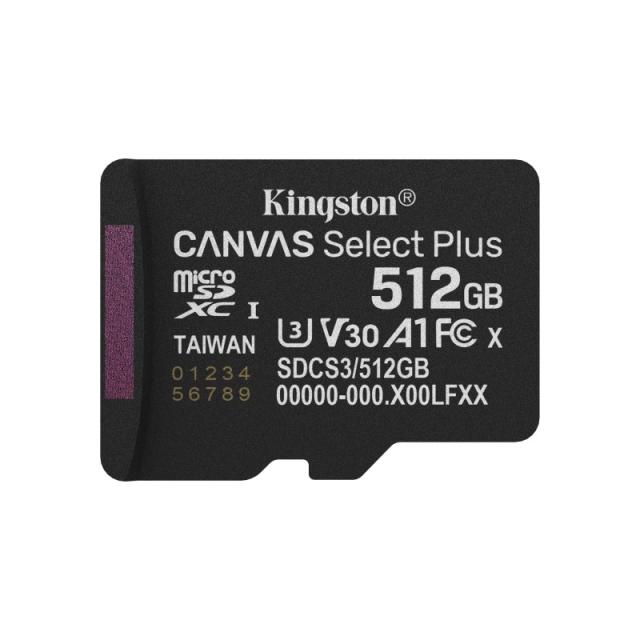 Kingston Technology - 512GB microSDXC Canvas Select Plus Gen3 150MB/s A1 (Incluye adaptador de SD)