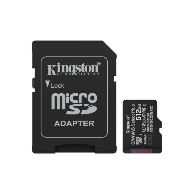 Kingston Technology - 512GB microSDXC Canvas Select Plus Gen3 150MB/s A1 (Incluye adaptador de SD)