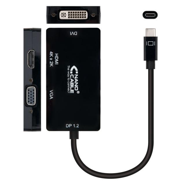 Nanocable - Conversor USB-C a VGA / DVI / H???, 3 En 1. USB-C/M-VGA/H-DVI/H-HDMI/H 4K, Negro, 10 cm