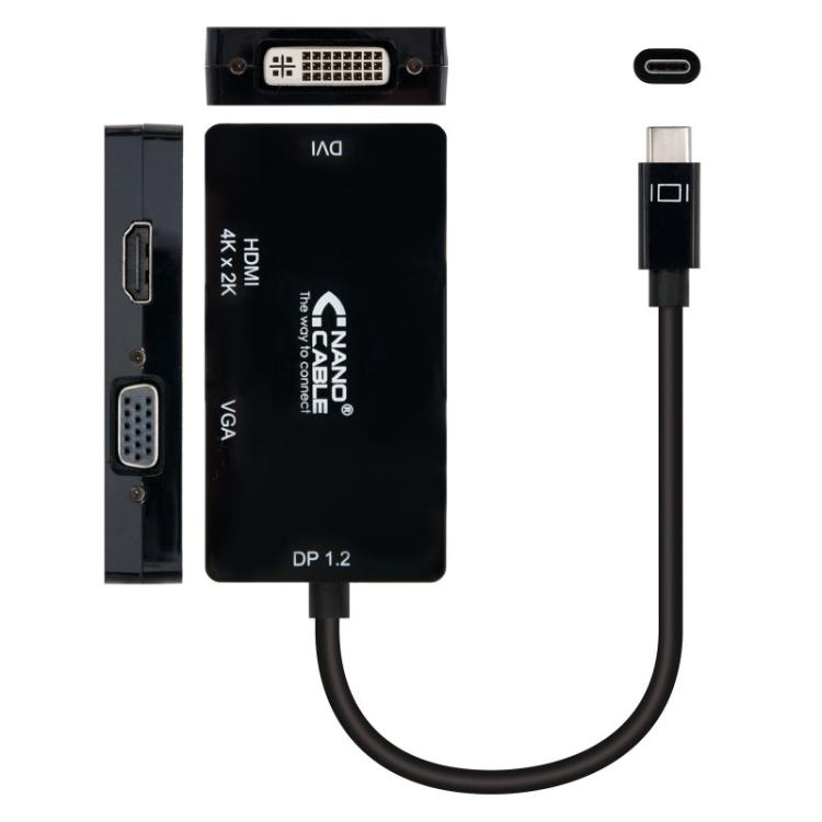 Nanocable - Conversor USB-C a VGA / DVI / H???, 3 En 1. USB-C/M-VGA/H-DVI/H-HDMI/H 4K, Negro, 10 cm