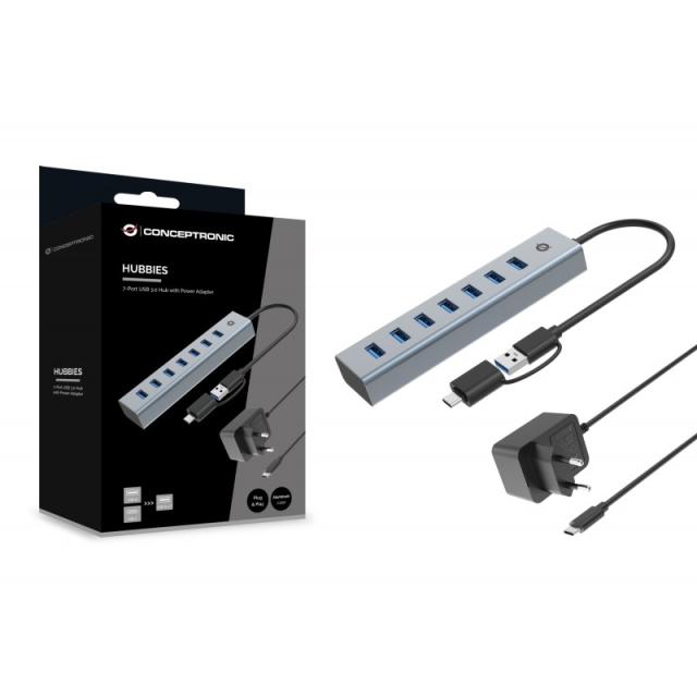 Conceptronic - HUBBIES21GP hub de interfaz USB 3.2 Gen 1 (3.1 Gen 1) Type-A 5000 Mbit/s Gris