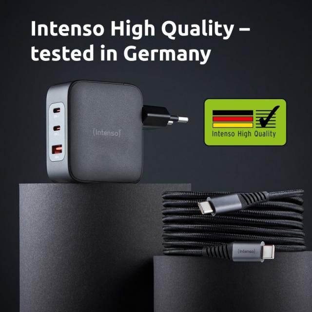 Intenso - W100ACC+C520C, Set de adaptador de corriente + cable de carga, 100 W, carga rápida, GaN, carga simultánea de 3 disposi