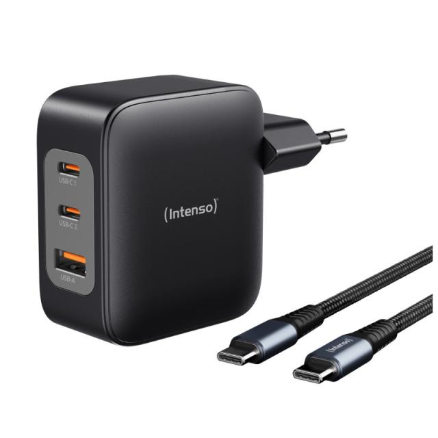 Intenso - W100ACC+C520C, Set de adaptador de corriente + cable de carga, 100 W, carga rápida, GaN, carga simultánea de 3 disposi