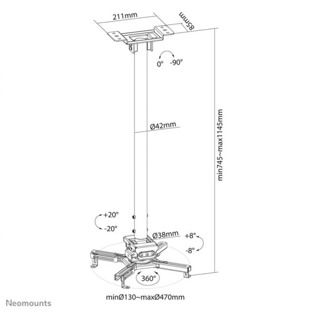 Neomounts - CL25-550BL1 Soporte de techo para proyector - alt. 74,5-114,5 cm - fácil montaje - movimiento completo