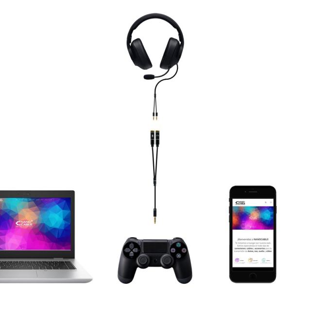 Nanocable - Cable adaptador Audio Jack 3.5/M 4pines - 2xJack 3.5/H 3pines, negro, 30 cm