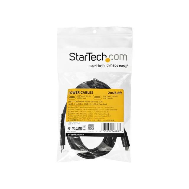 StarTech.com - Cable de 2m USB-C a USB-C con capacidad para Entrega de Alimentación de 5A - USB TipoC - Cable de Carga USBC - US