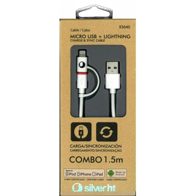 SilverHT - Cable Combo MFI - MicroUSB + Lightning 1,5m - Blanco