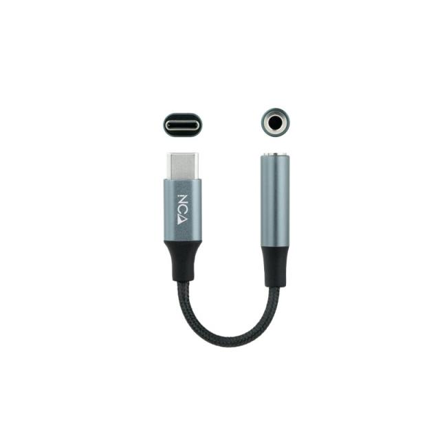Nanocable - Cable Adaptador Audio USB-C/M a Jack 3.5/H, 11 cm, Negro/Gris