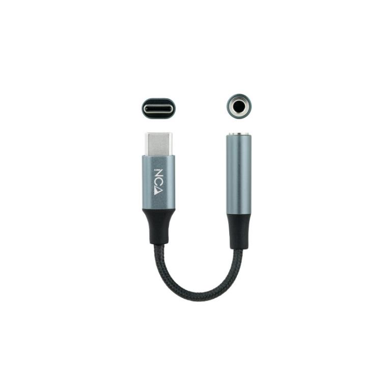 Nanocable - Cable Adaptador Audio USB-C/M a Jack 3.5/H, 11 cm, Negro/Gris