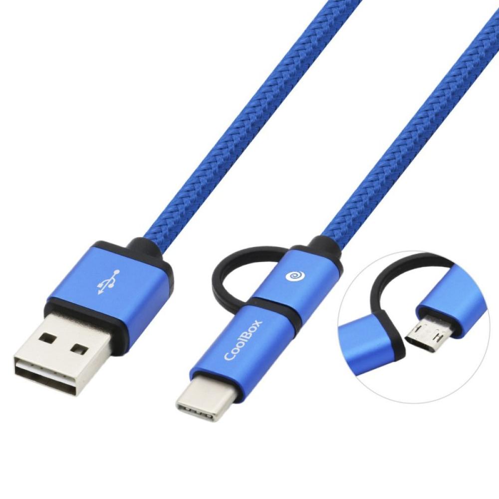 CoolBox - CABLE TRENZADO DE USB-A A MICRO-USB Y USB-C AZUL