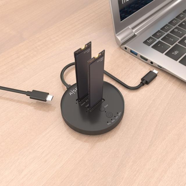 AISENS - Estacion De Docking De Doble Bahia NVME a USB 3.2 Gen2x2, Clone, Negro
