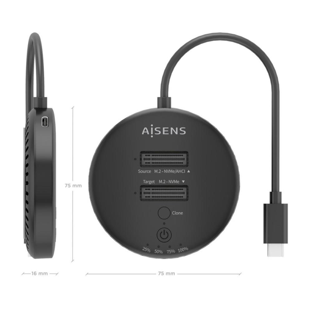 AISENS - Estacion De Docking De Doble Bahia NVME a USB 3.2 Gen2x2, Clone, Negro