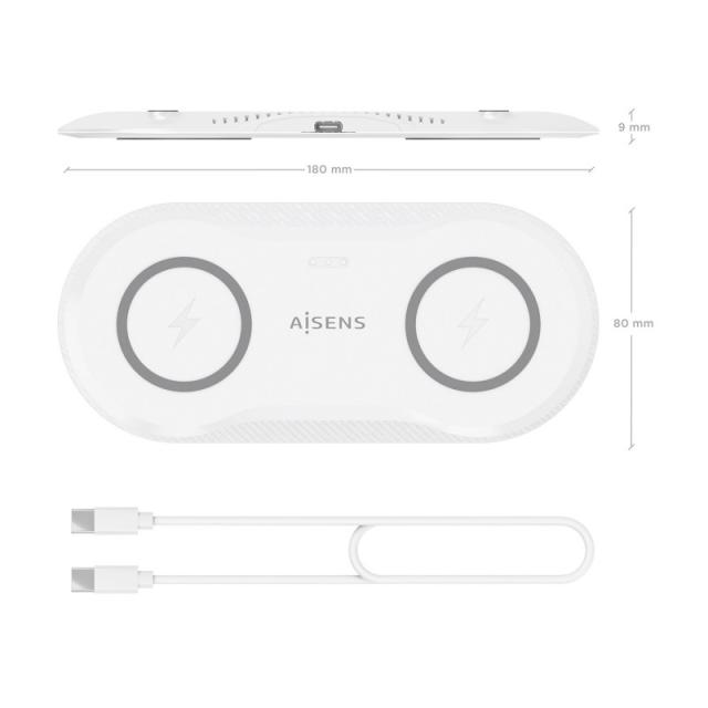 AISENS - Cargador Inalambrico USB-C 15W 2 en 1 Para Movil Auriculares, Blanco