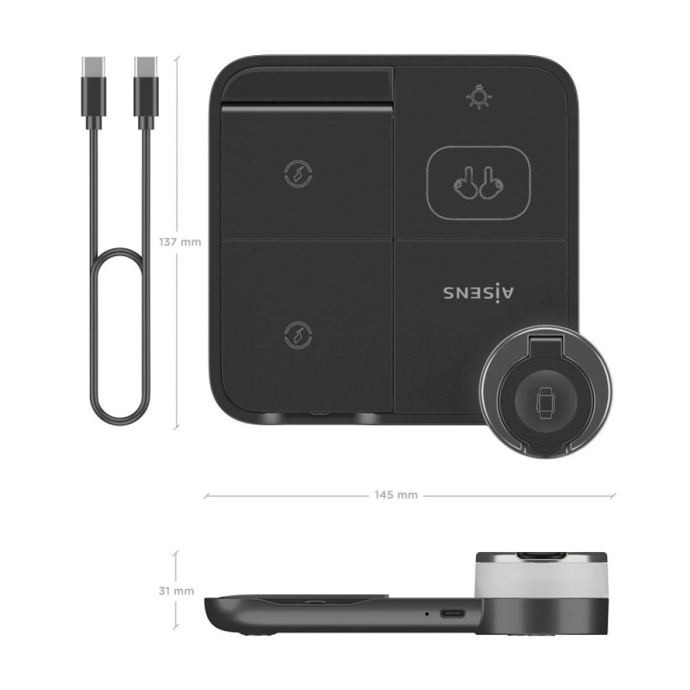 AISENS - Cargador Inalambrico USB-C 4 en 1 De 15W Para Movil, Apple Watch, Auriculares Con Estuche De Carga, - ASCH-15W4WC062-BK