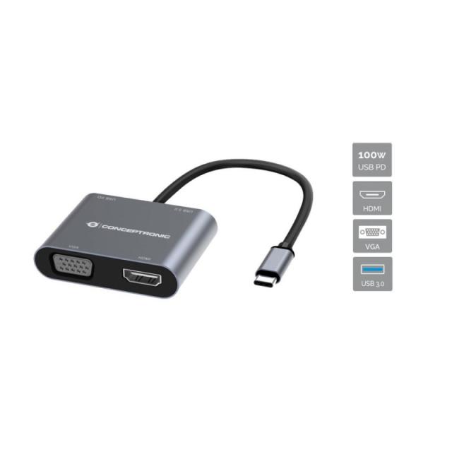 Conceptronic - DONN16G base para portátil y replicador de puertos Alámbrico USB 3.2 Gen 1 (3.1 Gen 1) Type-C Negro, Plata