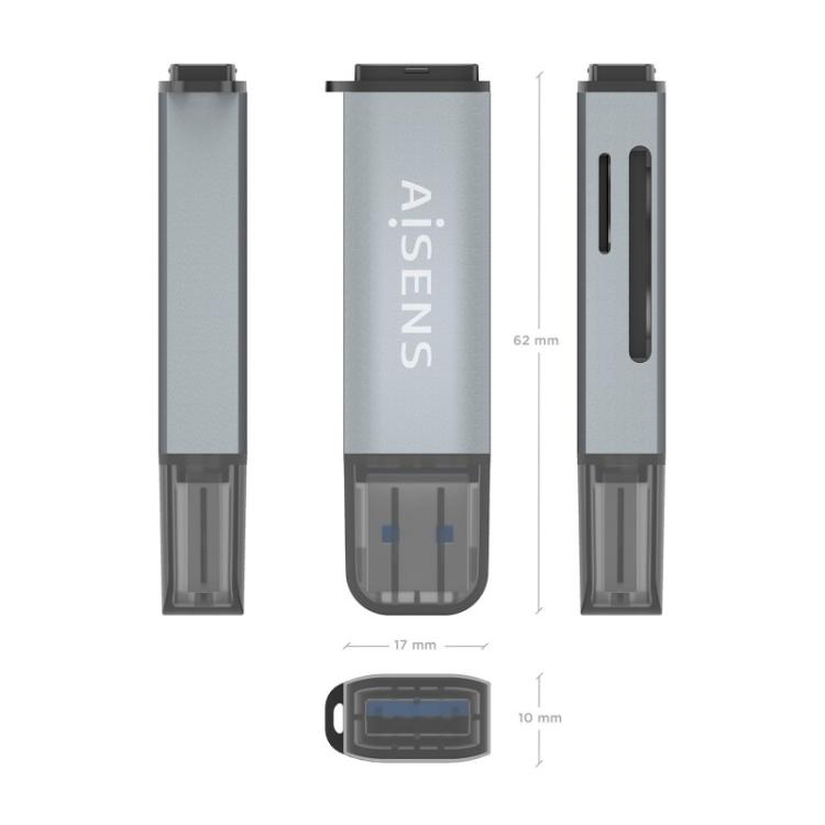 AISENS - Lector De Tarjetas SD, Micro SD, MMC, Rs-MMC, MMC Micro, USB-A, Gris
