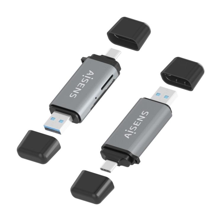 AISENS - Lector De Tarjetas SD, Micro SD, MMC, Rs-MMC, MMC Micro, USB-A y USB-C, Gris - ASCR-2AC11-GR