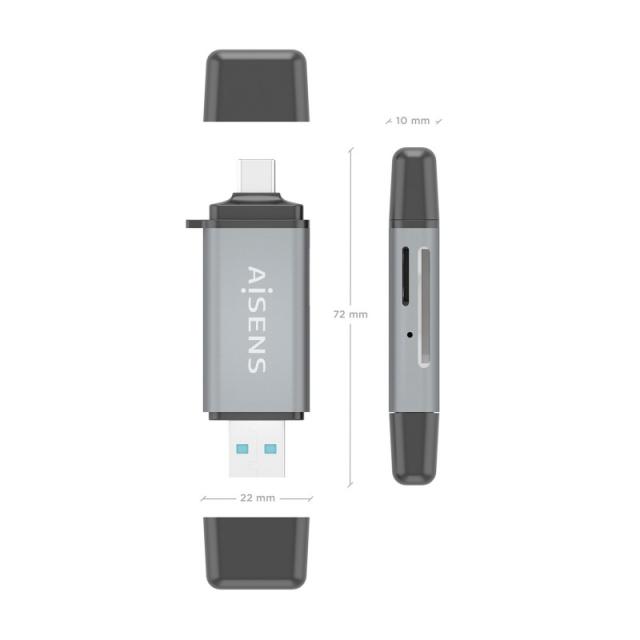 AISENS - Lector De Tarjetas SD, Micro SD, MMC, Rs-MMC, MMC Micro, USB-A y USB-C, Gris - ASCR-2AC11-GR
