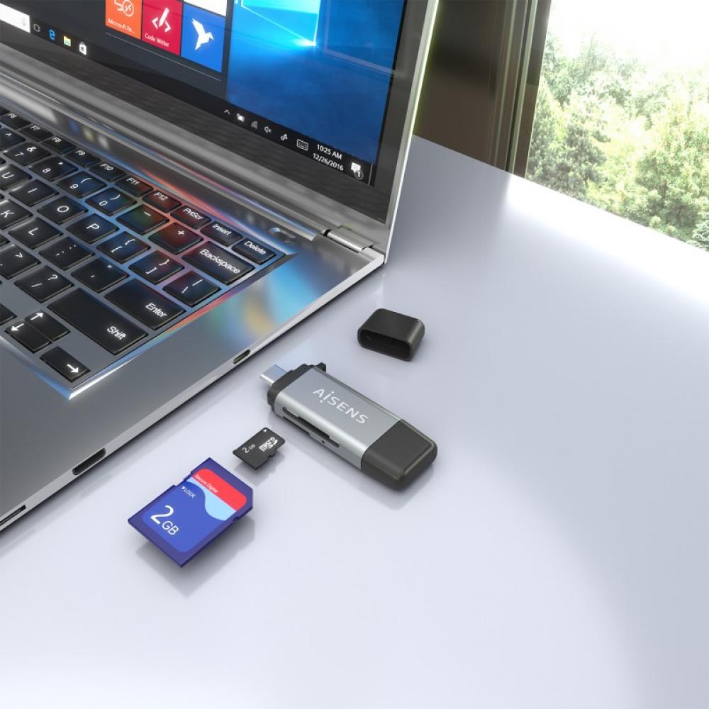 AISENS - Lector De Tarjetas SD, Micro SD, MMC, Rs-MMC, MMC Micro, USB-A y USB-C, Gris - ASCR-2AC11-GR