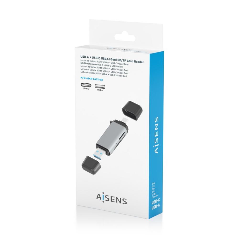 AISENS - Lector De Tarjetas SD, Micro SD, MMC, Rs-MMC, MMC Micro, USB-A y USB-C, Gris - ASCR-2AC11-GR
