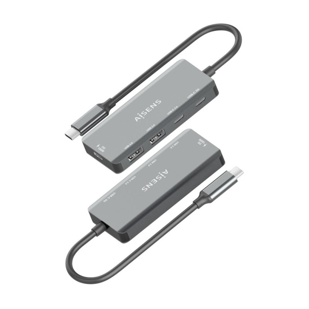AISENS - Hub USB 3.1 USB-C, USB-C/M-1xUSB-C PD 100W+1xUSB-C USB3.0/H+1xUSB-C USB2.0/H+2xUSB-A USB2.0/H, Gris, 15cm