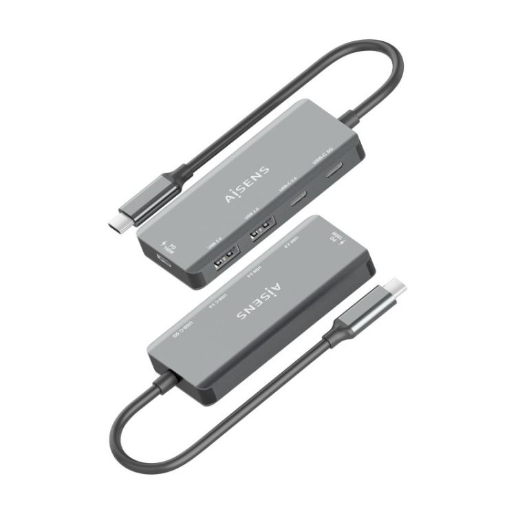AISENS - Hub USB 3.1 USB-C, USB-C/M-1xUSB-C PD 100W+1xUSB-C USB3.0/H+1xUSB-C USB2.0/H+2xUSB-A USB2.0/H, Gris, 15cm