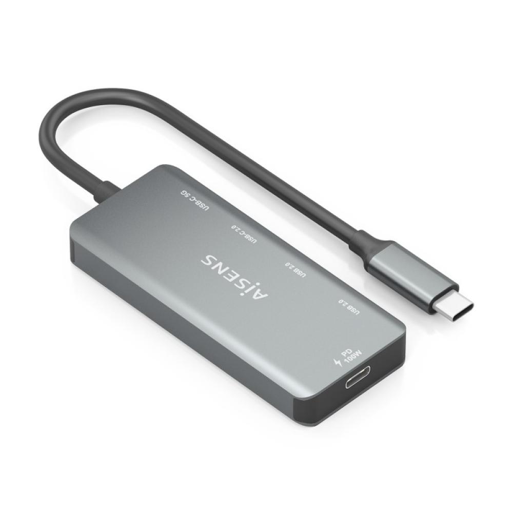 AISENS - Hub USB 3.1 USB-C, USB-C/M-1xUSB-C PD 100W+1xUSB-C USB3.0/H+1xUSB-C USB2.0/H+2xUSB-A USB2.0/H, Gris, 15cm