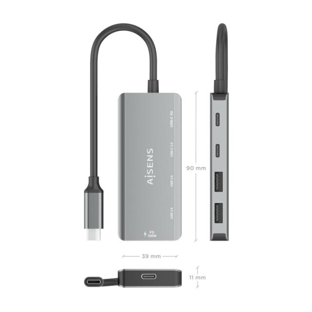 AISENS - Hub USB 3.1 USB-C, USB-C/M-1xUSB-C PD 100W+1xUSB-C USB3.0/H+1xUSB-C USB2.0/H+2xUSB-A USB2.0/H, Gris, 15cm
