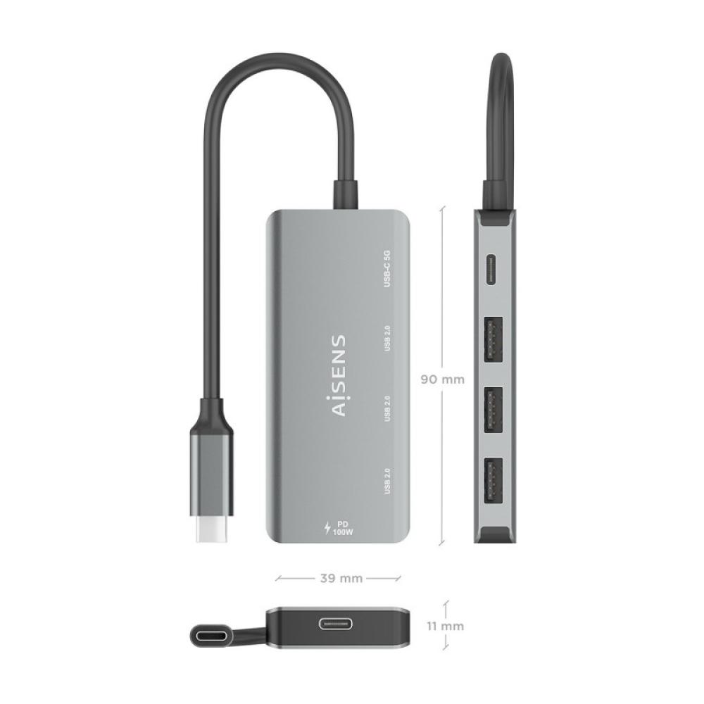 AISENS - Hub USB 3.1 USB-C, USB-C/M-1xUSB-C PD 100W+1xUSB-C USB3.0/H+3xUSB-A USB2.0/H, Gris, 15cm