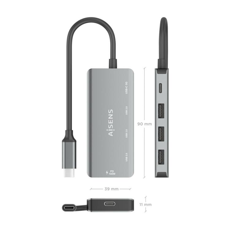 AISENS - Hub USB 3.1 USB-C, USB-C/M-1xUSB-C PD 100W+1xUSB-C USB3.0/H+3xUSB-A USB2.0/H, Gris, 15cm