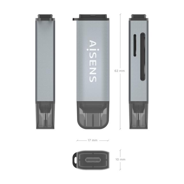 AISENS - Lector De Tarjetas SD, Micro SD, MMC, Rs-MMC, MMC Micro, USB-C, Gris