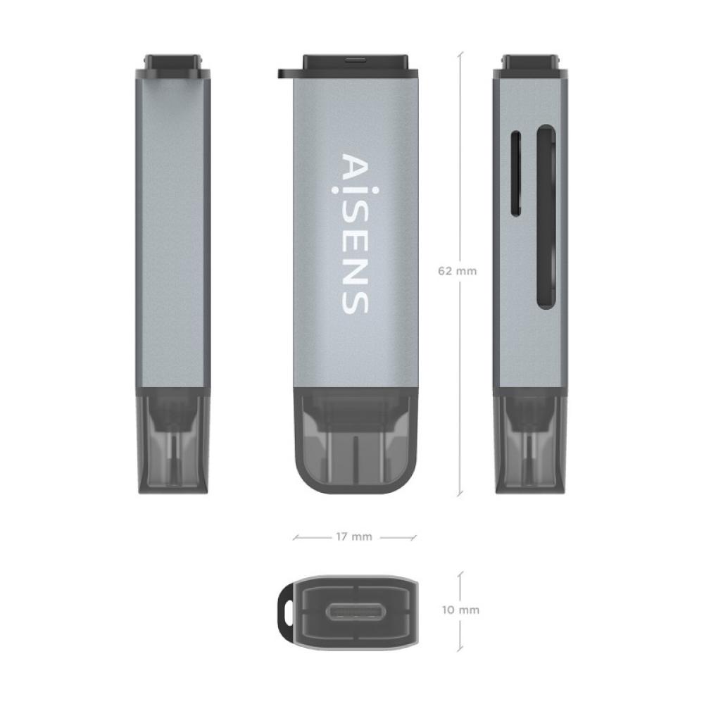 AISENS - Lector De Tarjetas SD, Micro SD, MMC, Rs-MMC, MMC Micro, USB-C, Gris