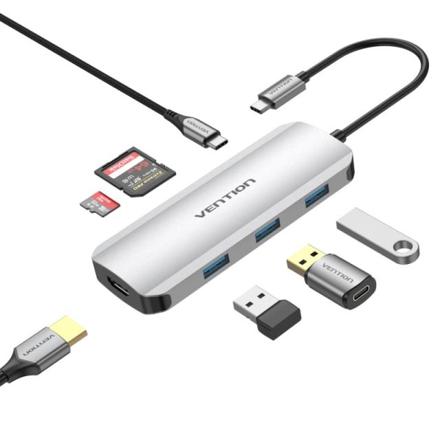 Vention - Docking USB Tipo-C TOJHB/ 1xHDMI/ 3xUSB/ 1xUSB Tipo-C/ 1xLector tarjetas/ Gris