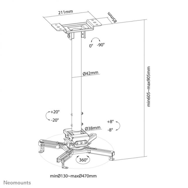 Neomounts - CL25-540BL1 Soporte de techo para proyector - alt. 60,5-90,5 cm - fácil montaje - movimiento completo