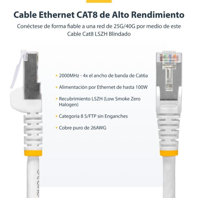 StarTech.com - Cable de Red Ethernet CAT8 Blanco de 1m - Snagless - sin Pestillo - 25G/40G - 2000MHz - PoE++ 100W - 26AWG - S/FT