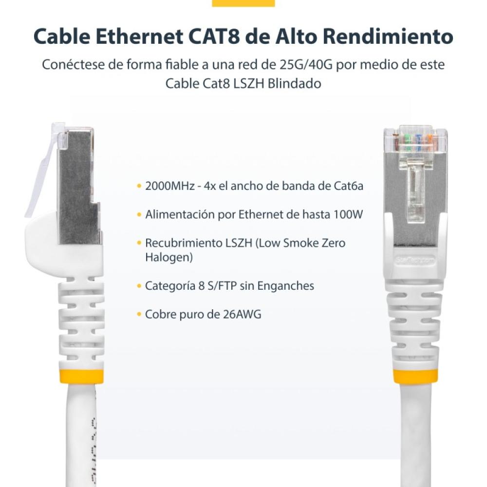 StarTech.com - Cable de Red Ethernet CAT8 Blanco de 1m - Snagless - sin Pestillo - 25G/40G - 2000MHz - PoE++ 100W - 26AWG - S/FT