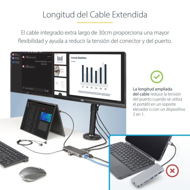 StarTech.com - Adaptador Multipuerto USB-C de 3 Monitores HDMI/DP - 4K 60Hz Doble + 4K 30Hz HDMI y DP - Hub 4x USB-A - PD de 100