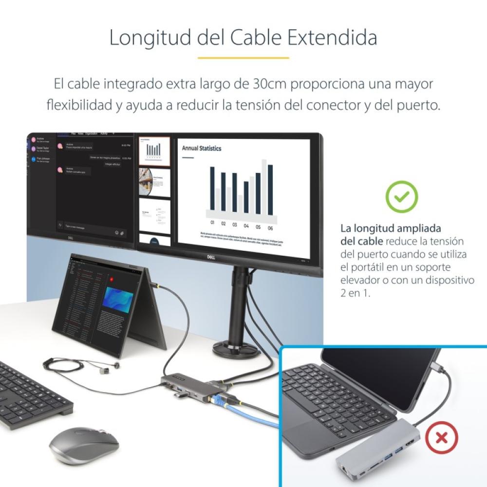 StarTech.com - Adaptador Multipuerto USB-C de 3 Monitores HDMI/DP - 4K 60Hz Doble + 4K 30Hz HDMI y DP - Hub 4x USB-A - PD de 100