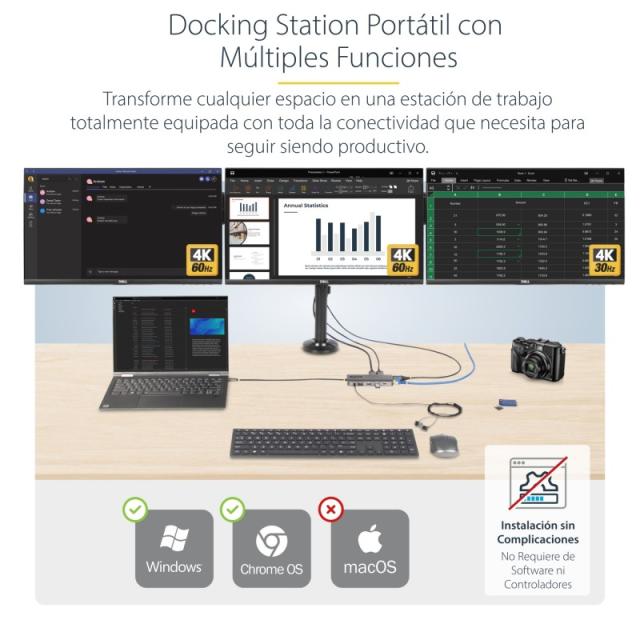 StarTech.com - Adaptador Multipuerto USB-C de 3 Monitores HDMI/DP - 4K 60Hz Doble + 4K 30Hz HDMI y DP - Hub 4x USB-A - PD de 100