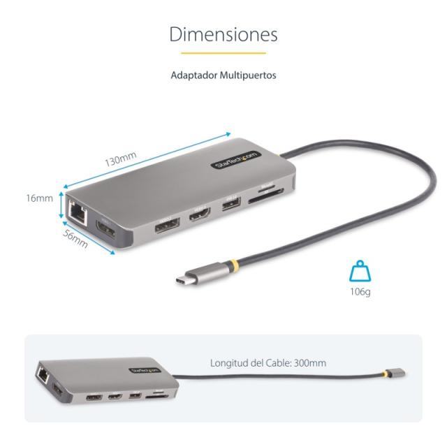StarTech.com - Adaptador Multipuerto USB-C de 3 Monitores HDMI/DP - 4K 60Hz Doble + 4K 30Hz HDMI y DP - Hub 4x USB-A - PD de 100