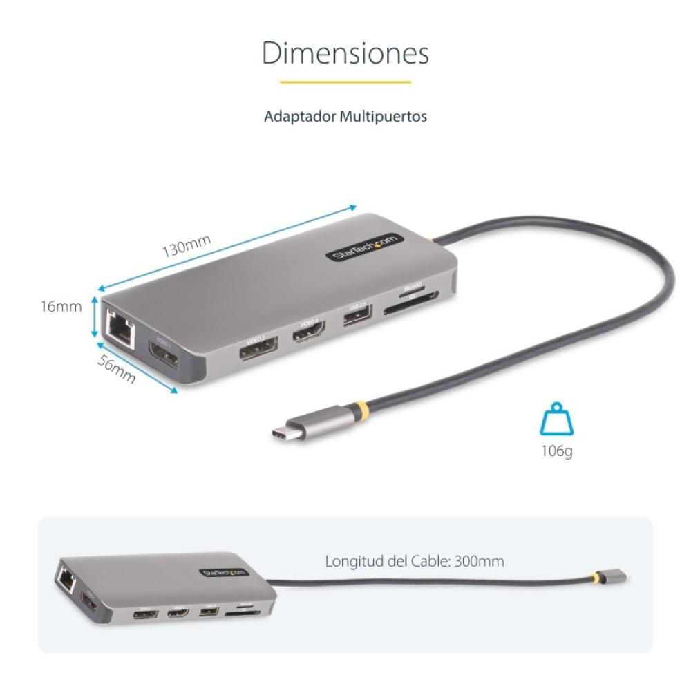 StarTech.com - Adaptador Multipuerto USB-C de 3 Monitores HDMI/DP - 4K 60Hz Doble + 4K 30Hz HDMI y DP - Hub 4x USB-A - PD de 100