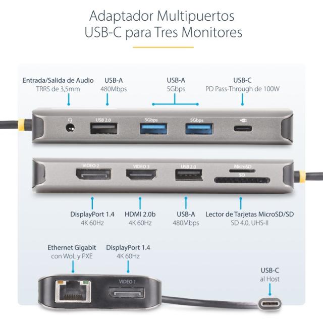 StarTech.com - Adaptador Multipuerto USB-C de 3 Monitores HDMI/DP - 4K 60Hz Doble + 4K 30Hz HDMI y DP - Hub 4x USB-A - PD de 100