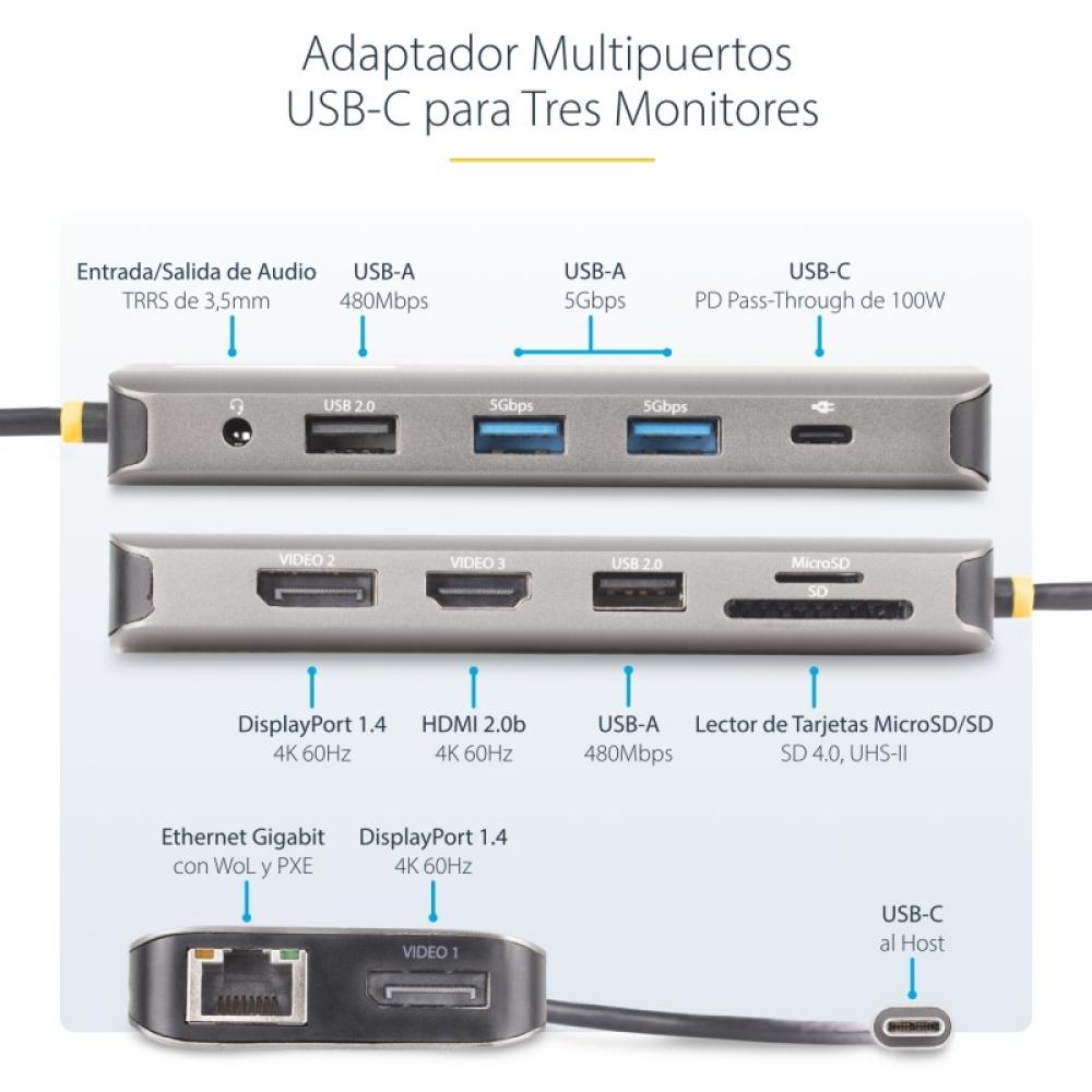 StarTech.com - Adaptador Multipuerto USB-C de 3 Monitores HDMI/DP - 4K 60Hz Doble + 4K 30Hz HDMI y DP - Hub 4x USB-A - PD de 100