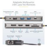 StarTech.com - Adaptador Multipuerto USB-C de 3 Monitores HDMI/DP - 4K 60Hz Doble + 4K 30Hz HDMI y DP - Hub 4x USB-A - PD de 100