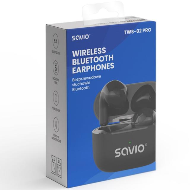 Savio - TWS-02 PRO auricular y casco Auriculares Inalámbrico Dentro de oído Música/uso diario USB Tipo C Bluetooth Negro