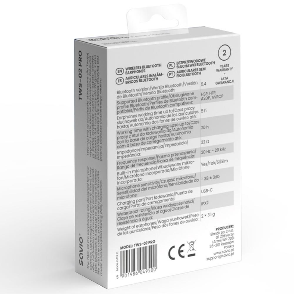 Savio - TWS-02 PRO auricular y casco Auriculares Inalámbrico Dentro de oído Música/uso diario USB Tipo C Bluetooth Negro