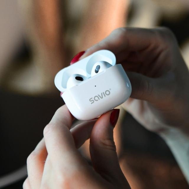 Savio - TWS-01 PRO auricular y casco Auriculares Inalámbrico Dentro de oído Música/uso diario Bluetooth Blanco