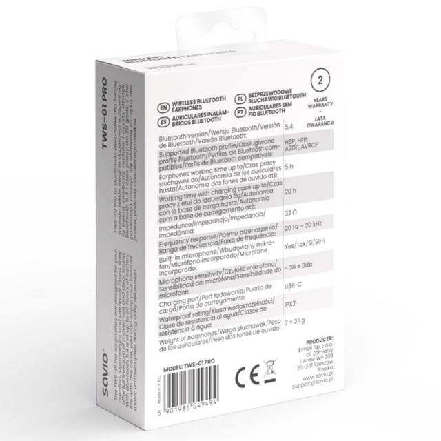 Savio - TWS-01 PRO auricular y casco Auriculares Inalámbrico Dentro de oído Música/uso diario Bluetooth Blanco