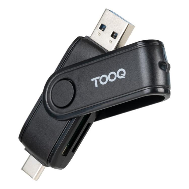 TooQ - Lector de Tarjetas USB (USB-C 2.0 + USB A 3.0), SD/TF, Color Negro